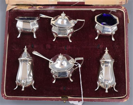 A 1920s cased six piece silver condiment set by Alexander Clark & Co Ltd, Birmingham.